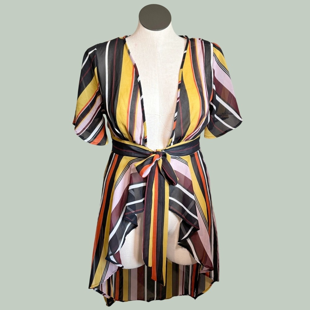 Live 4 Truth Womens Kimono Medium Multicolor Striped High Low Tie Front Top
